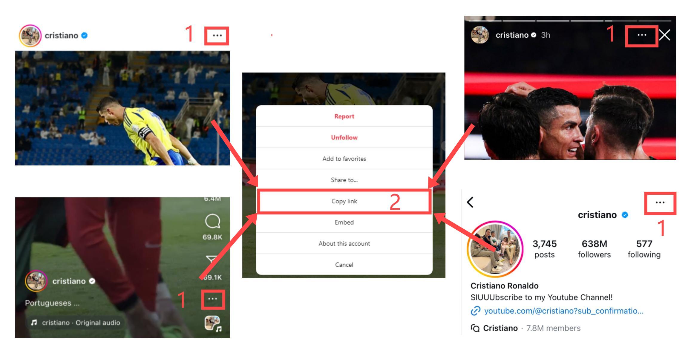 Copying Instagram Video Link to Use with SaveClip: Collage of steps showing how to copy an Instagram video link from posts, stories, and profiles to download using SaveClip on an iPhone.