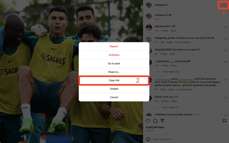Copying Instagram Link for SaveClip Download: Instagram post showing the menu to 