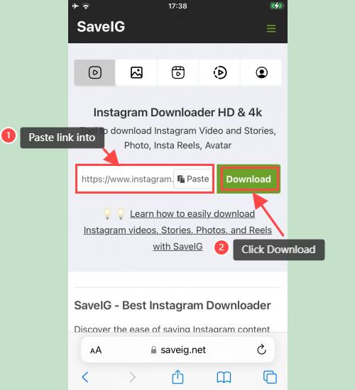 Using SaveClip to Paste Instagram Link: SaveClip website on an iPhone showing where to paste an Instagram link and click 