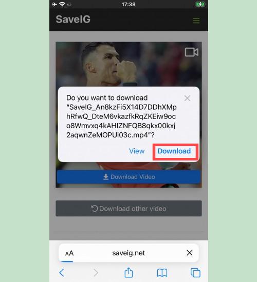 Confirming Video Download from SaveClip: iPhone screen prompting to download a video from SaveClip with an option to 
