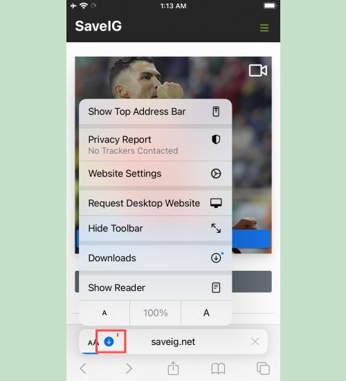 Viewing SaveClip Download Progress: iPhone Safari browser showing the download progress of a video from SaveClip on an Instagram Downloader webpage.