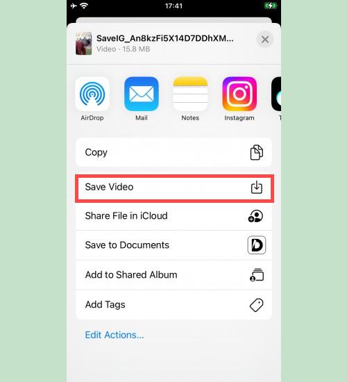 Saving Video from SaveClip to Photos: iPhone screen displaying the option to 