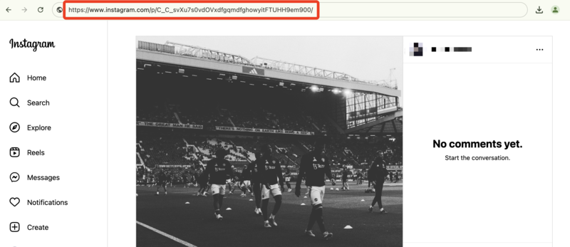 Copy Instagram Post URL for SaveClip: Screenshot of an Instagram post URL highlighted in the browser's address bar, ready to be copied and used with SaveClip.