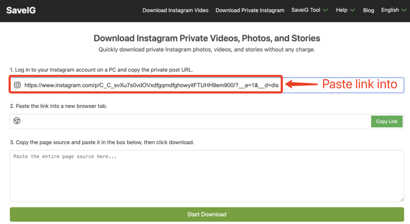 Pasting Instagram URL into SaveClip Private Downloader: SaveClip website showing the input field where a private Instagram post URL is pasted to download content.