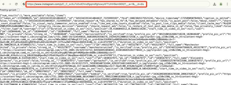 Viewing Instagram Source Code for SaveClip: Browser window displaying the source code of an Instagram post after following SaveClip’s instructions for private downloads.