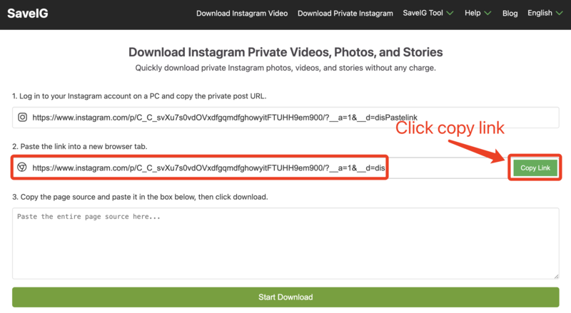 Copying Link for SaveClip Private Download: SaveClip's Instagram Private Downloader page showing the 