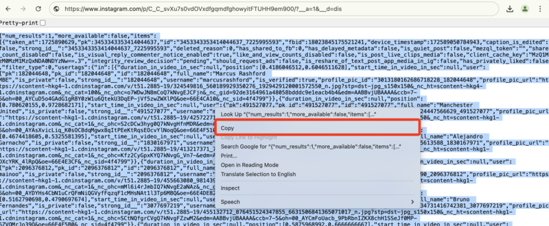 Copying Source Code from Instagram for SaveClip: Browser screenshot showing the user copying the Instagram post’s source code to use with SaveClip Private Downloader.