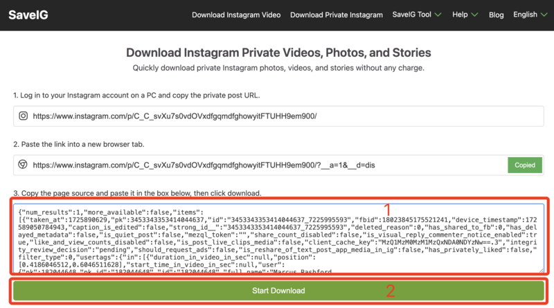 Pasting Source Code into SaveClip and Downloading: SaveClip Private Downloader interface where the source code is pasted, with the 