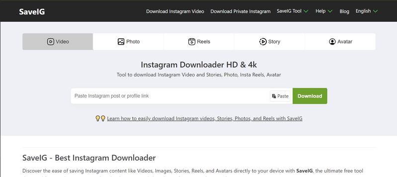 SaveClip Instagram Video Downloader Website: Screenshot of the SaveClip website showing the interface to paste an Instagram URL and download videos, photos, reels, stories, or IGTV.