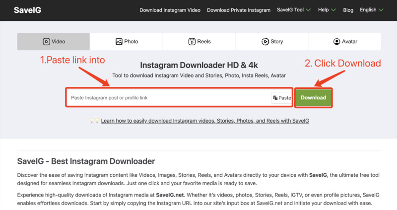 Nempelake Tautan Instagram menyang SaveClip Downloader: Situs web SaveClip nuduhake panggonan kanggo nempelake tautan Instagram sing wis disalin kanggo ngundhuh video utawa gambar.